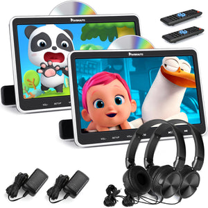 10,1 Zoll Dual Monitor DVD Player Kopfstützen für Auto, Kinder TV für Unterwegs mit 2 Universal Kopfhörern und Wandladegerät