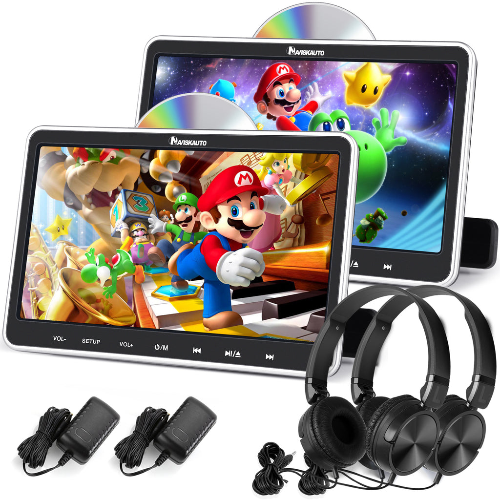 10,1 Zoll Dual Monitor DVD Player Kopfstützen für Auto, Kinder TV für Unterwegs mit 2 Universal Kopfhörern und Wandladegerät