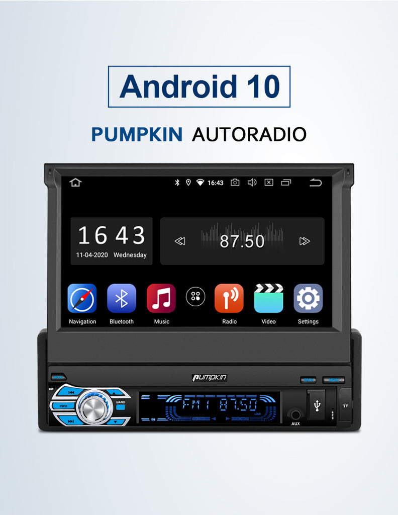 Pumpkin 7" Din 1 Android 10 Flip-Out Touch Screen Car Radio with 2GB RAM and 32GB ROM