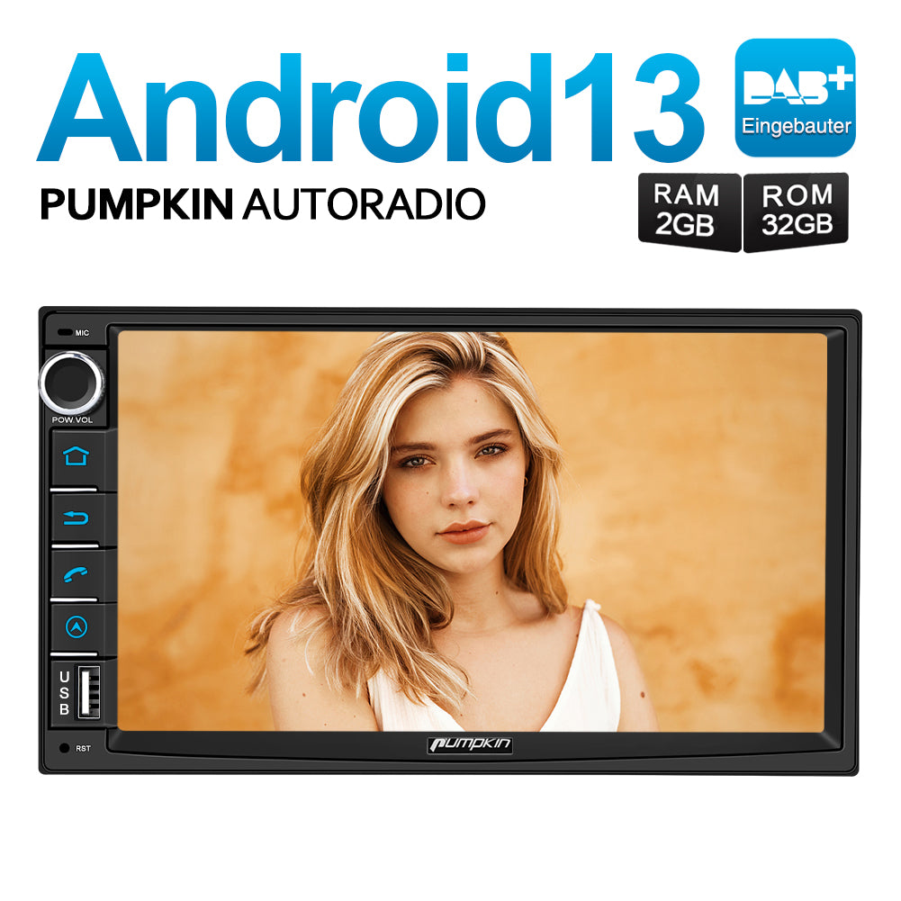 【Nécessite une mise à niveau manuelle】 Autoradio DAB intégré Pumpkin 7 pouces double DIN Android 13 avec navigation Bluetooth