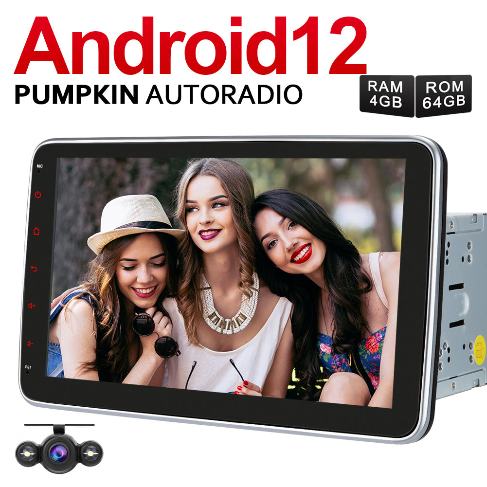 Pumpkin 10.1 inch double Din radio Android 12 Bluetooth car radio with 4GB RAM and 64GB ROM, supports DSP DAB OBD2 Carplay steering wheel control camera