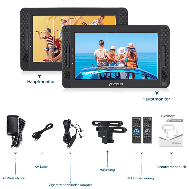 10,1 Zoll Dual Monitor Auto Kopfstützen DVD Player für Kinder Tragbar mit 2700-mAh Akku, Unterstützt USB/SD/MMC/HDMI Input
