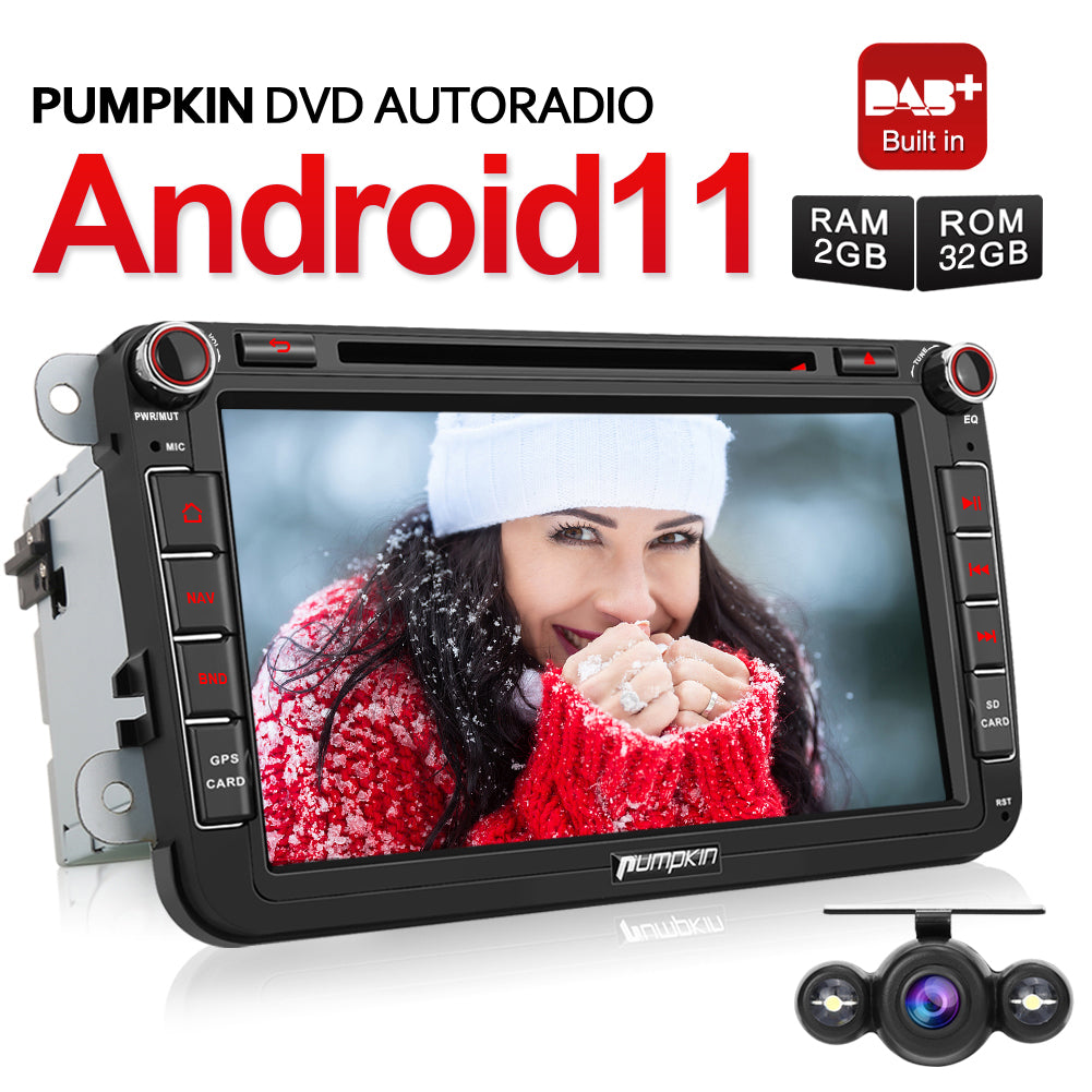 Pumpkin VW Autoradio Android 11 mit integrierter DAB Navigation Bluetooth 8 Zoll Bildschirm, unterstützt Rückfahrkamera Android Auto DAB + CD Player WiFi USB/SD